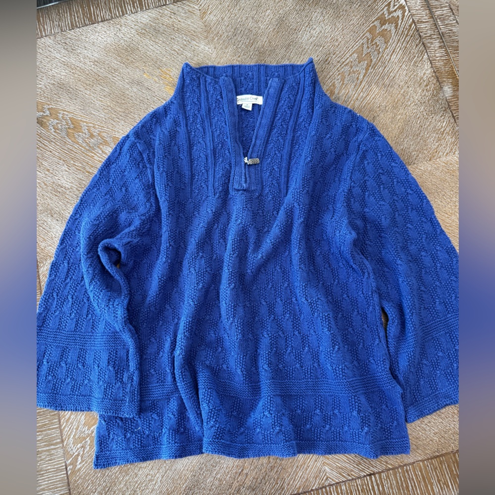Coldwater Creek Blue Pull Over Sweater Medium Half Zip Bell Sleeves Collared